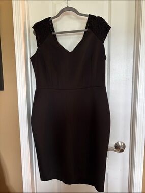 eva mendes for New York & Company Black V-Neck Sheath Dress with Lace Shoulders